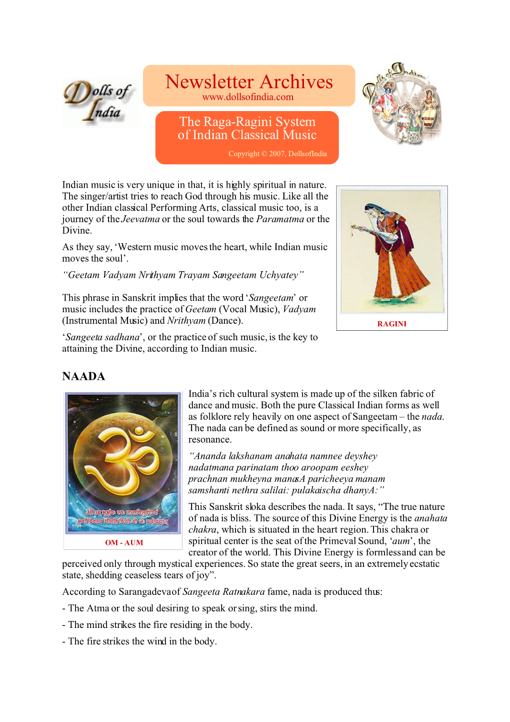 Newsletter Archives the Raga-Ragini System of Indian Classical Music