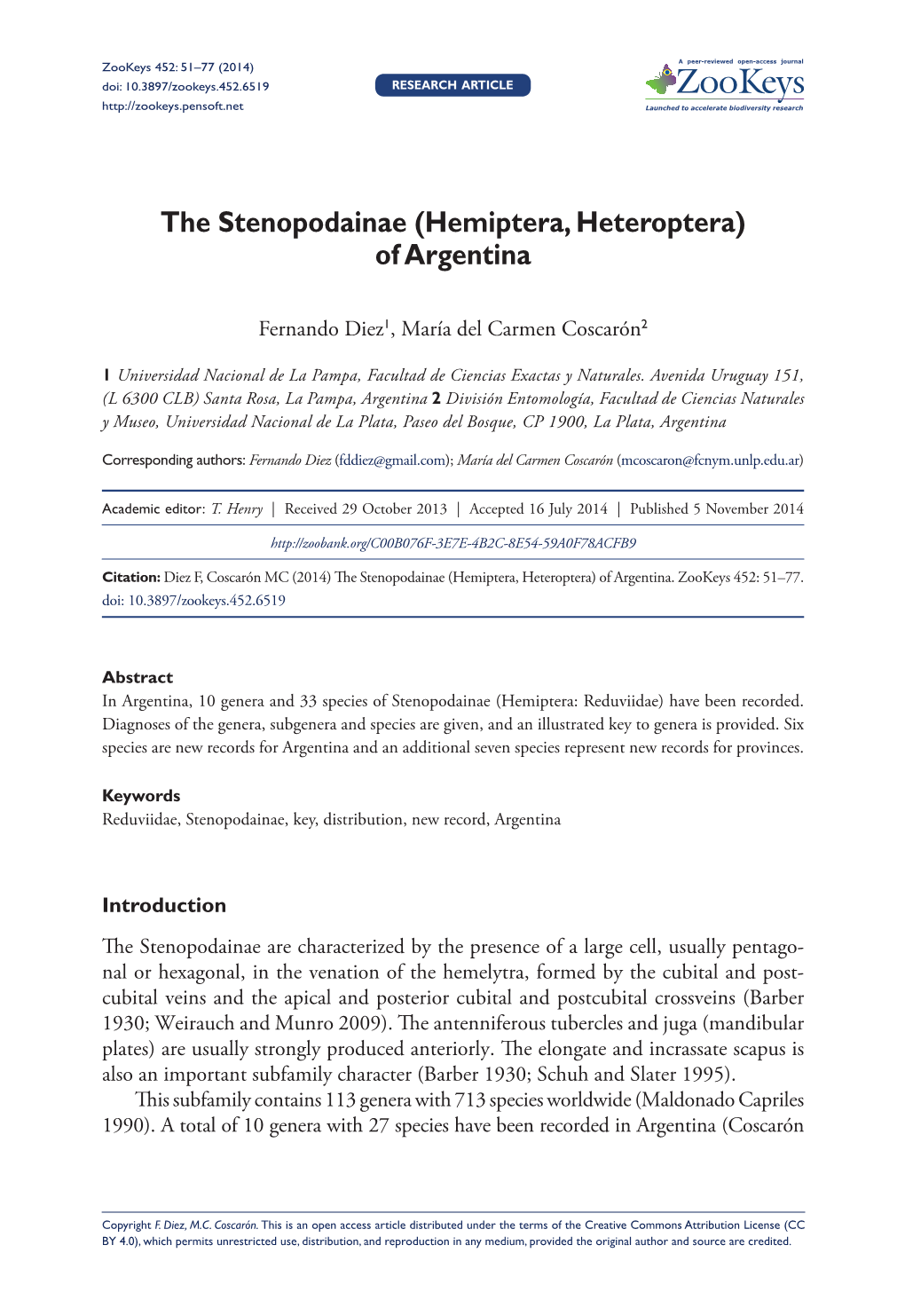Hemiptera, Heteroptera) of Argentina 51 Doi: 10.3897/Zookeys.452.6519 RESEARCH ARTICLE Launched to Accelerate Biodiversity Research