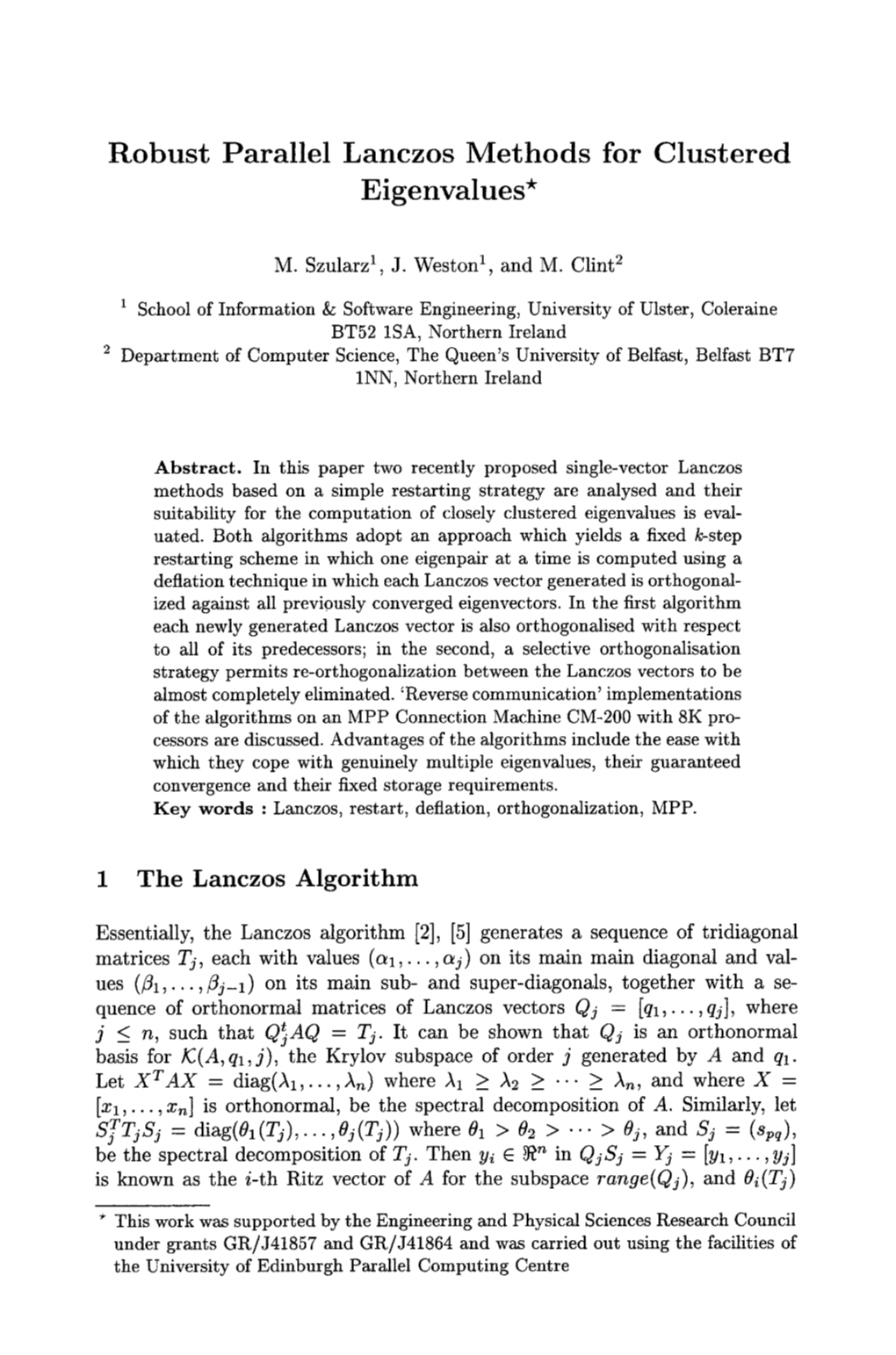 Robust Parallel Lanczos Methods for Clustered Eigenvalues*