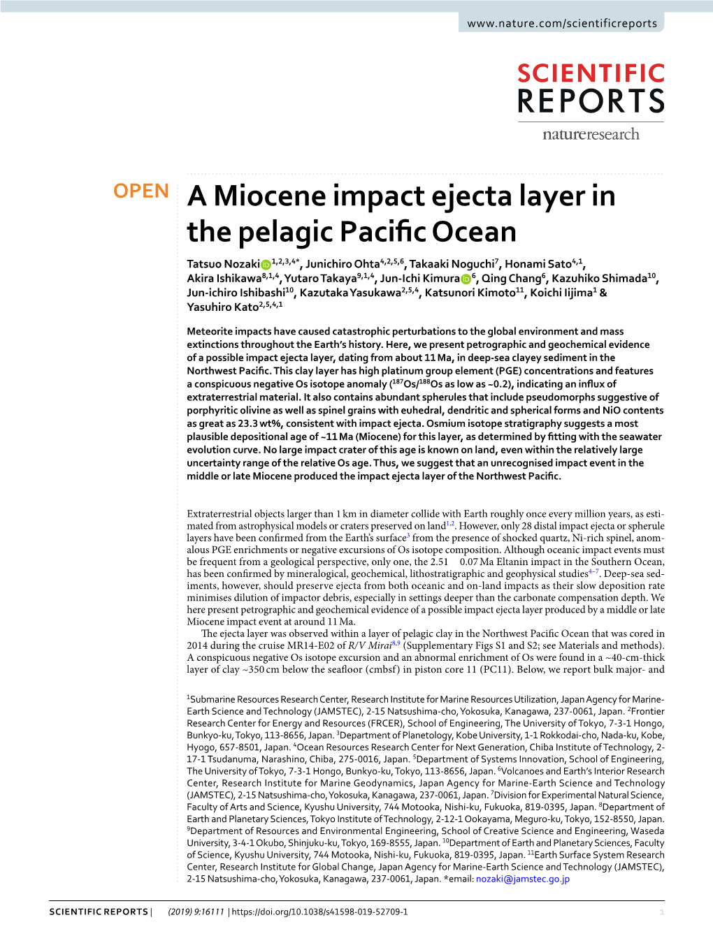 A Miocene Impact Ejecta Layer in the Pelagic Pacific Ocean