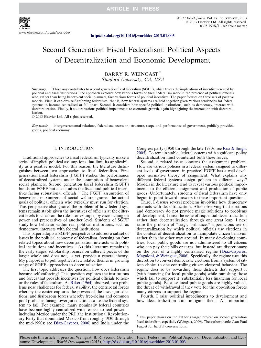 Second Generation Fiscal Federalism: Political Aspects of Decentralization and Economic Development