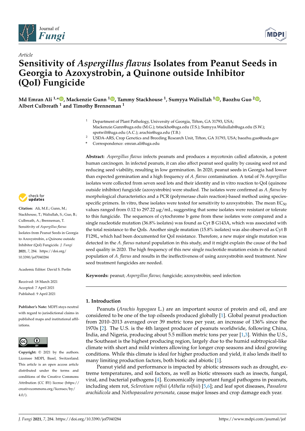 Sensitivity of Aspergillus Flavus Isolates from Peanut Seeds