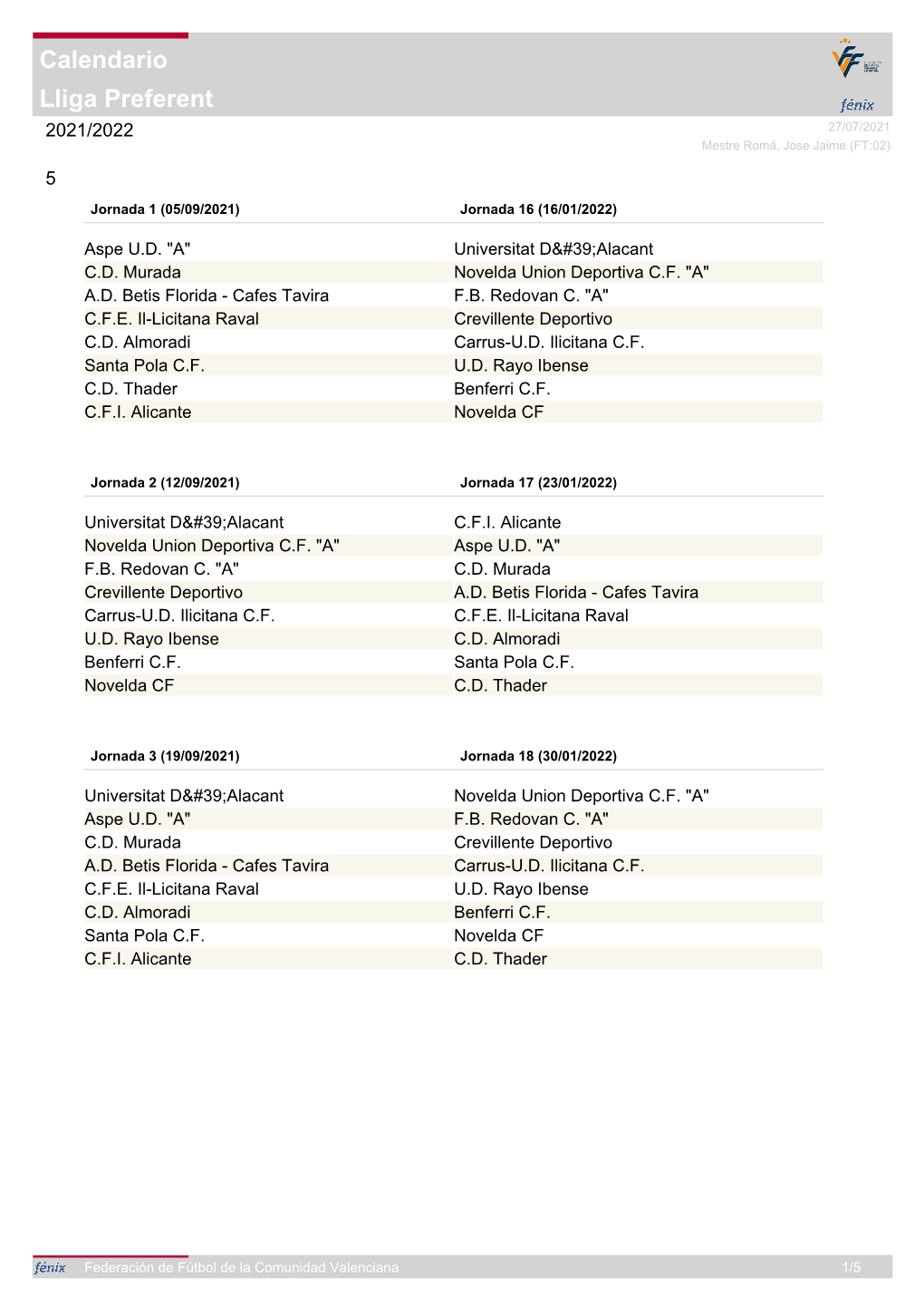 Lliga Preferent Calendario