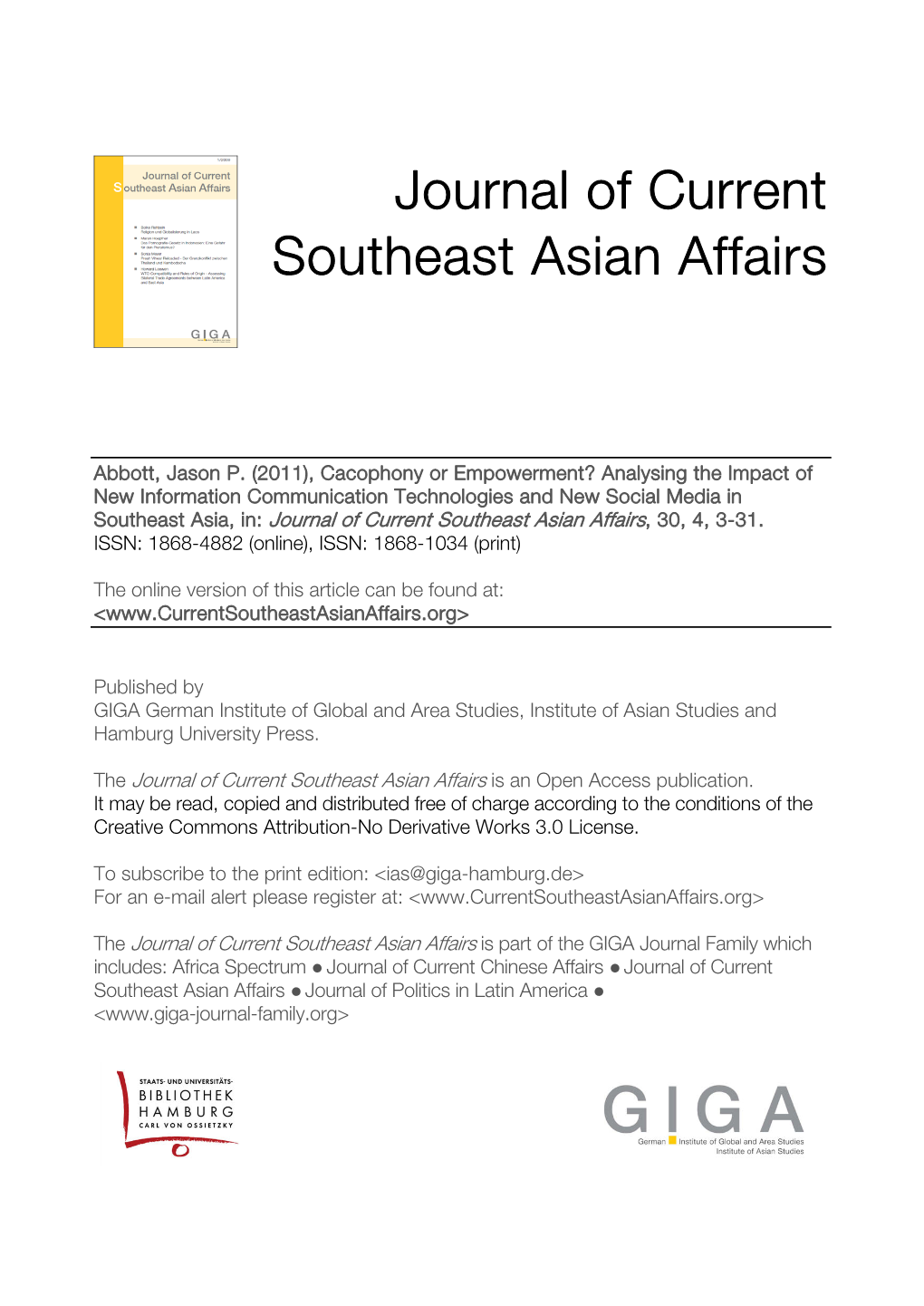 Journal of Current Southeast Asian Affairs