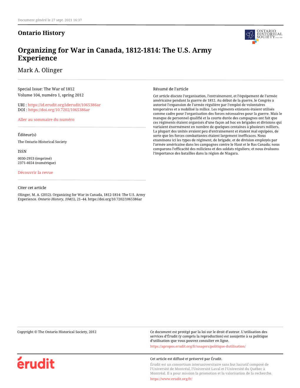 Organizing for War in Canada, 1812-1814: the U.S