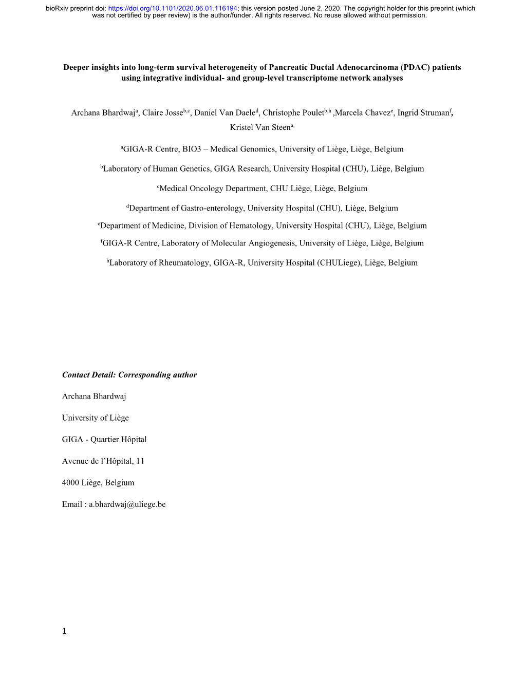 PDAC) Patients Using Integrative Individual- and Group-Level Transcriptome Network Analyses