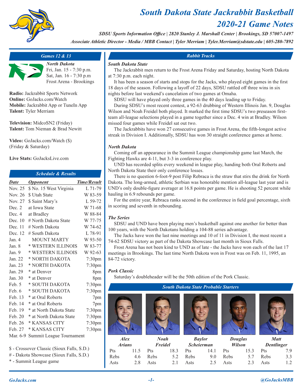 South Dakota State Jackrabbit Basketball 2020-21 Game Notes SDSU Sports Information Office | 2820 Stanley J