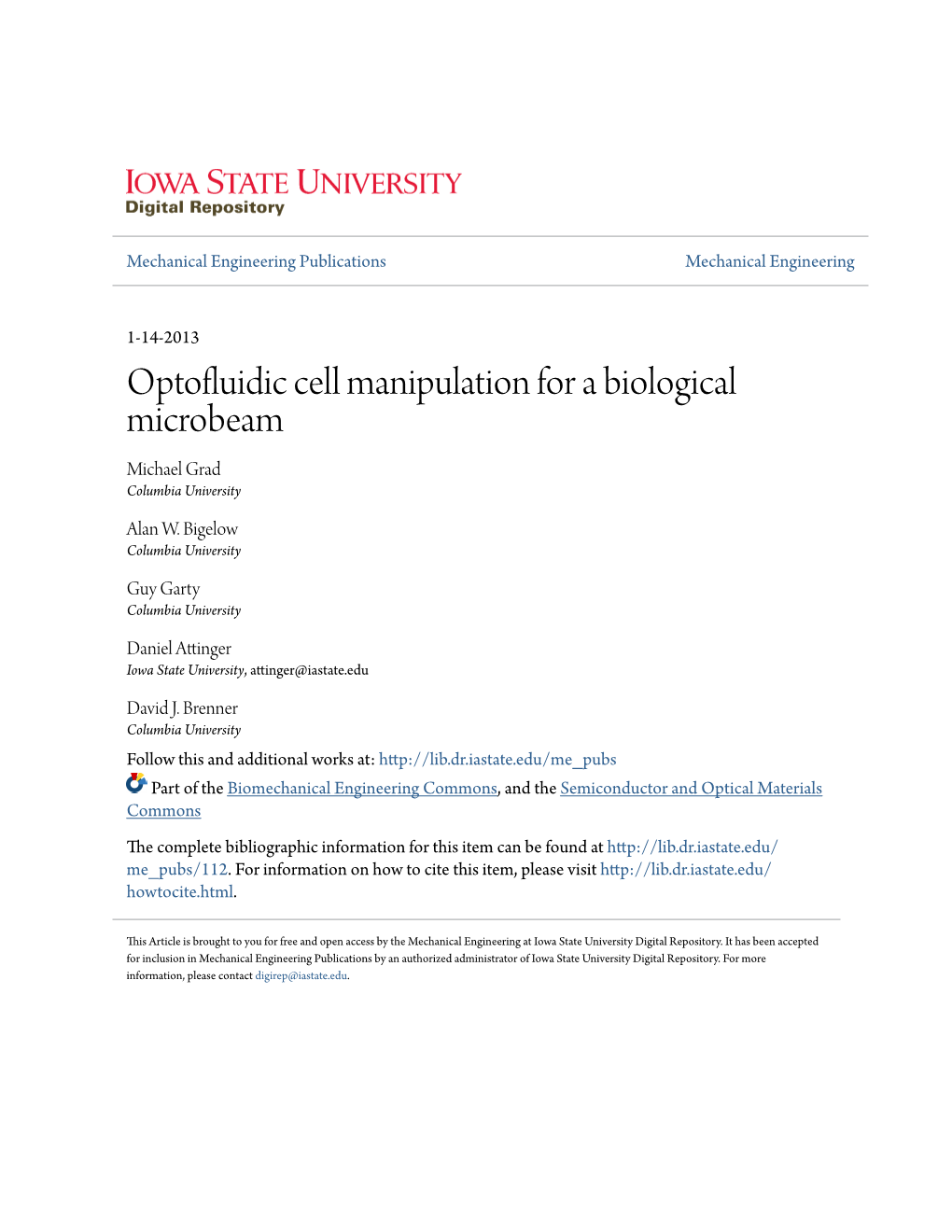 Optofluidic Cell Manipulation for a Biological Microbeam Michael Grad Columbia University