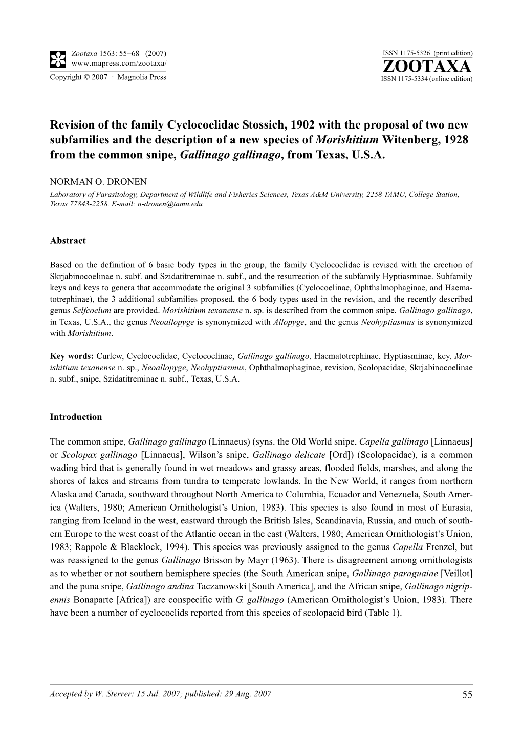 Zootaxa,Revision of the Family Cyclocoelidae