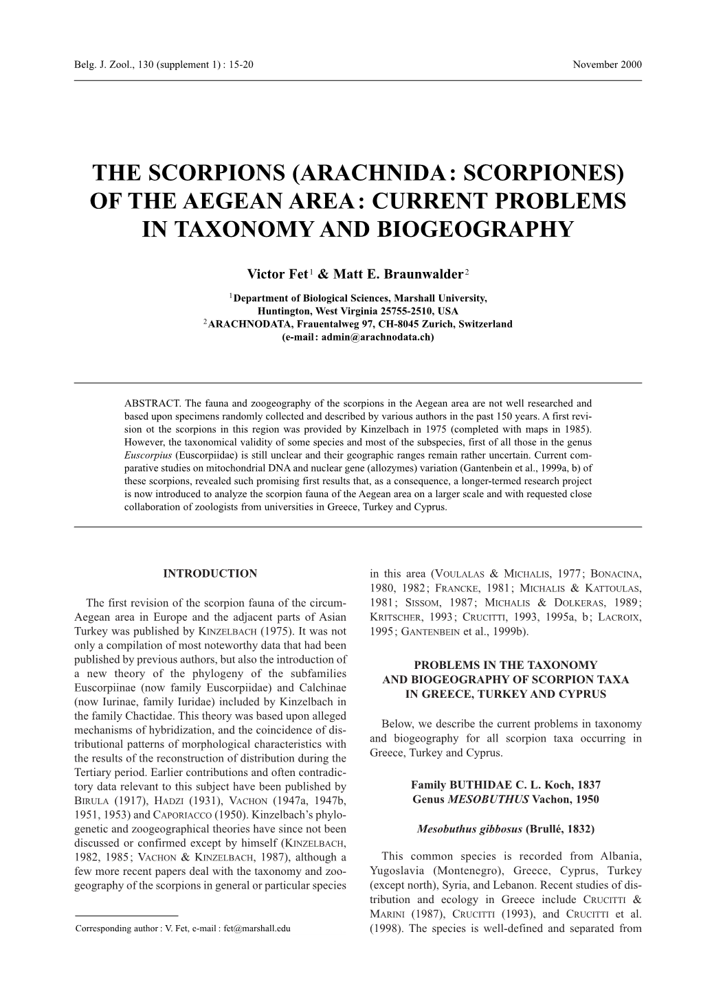 The Scorpions (Arachnida: Scorpiones) of the Aegean Area: Current Problems in Taxonomy and Biogeography