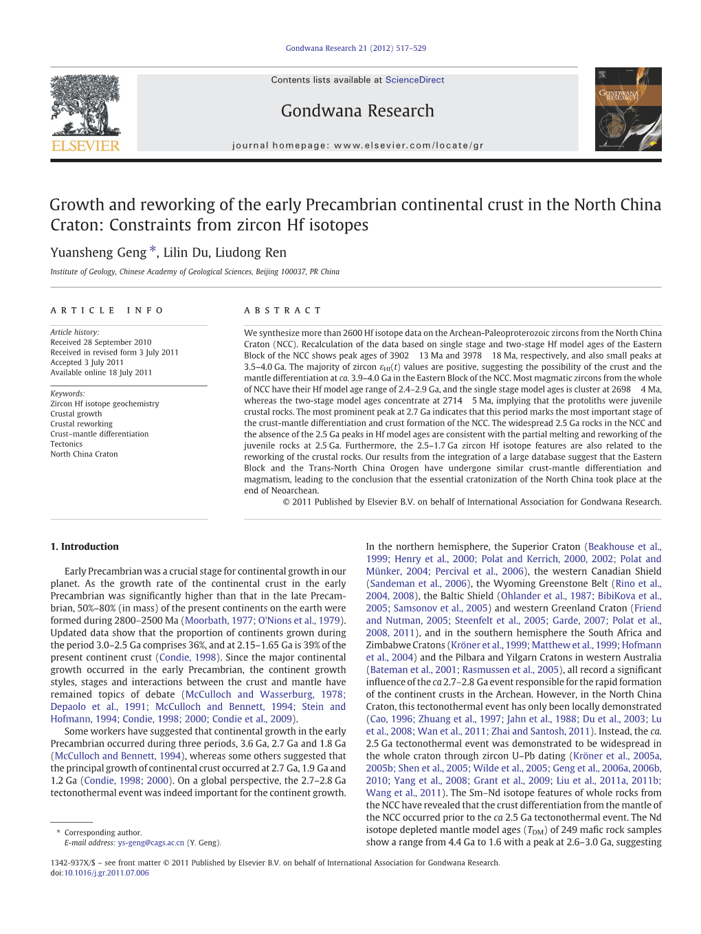 Growth and Reworking of the Early Precambrian Continental Crust in the North China Craton: Constraints from Zircon Hf Isotopes