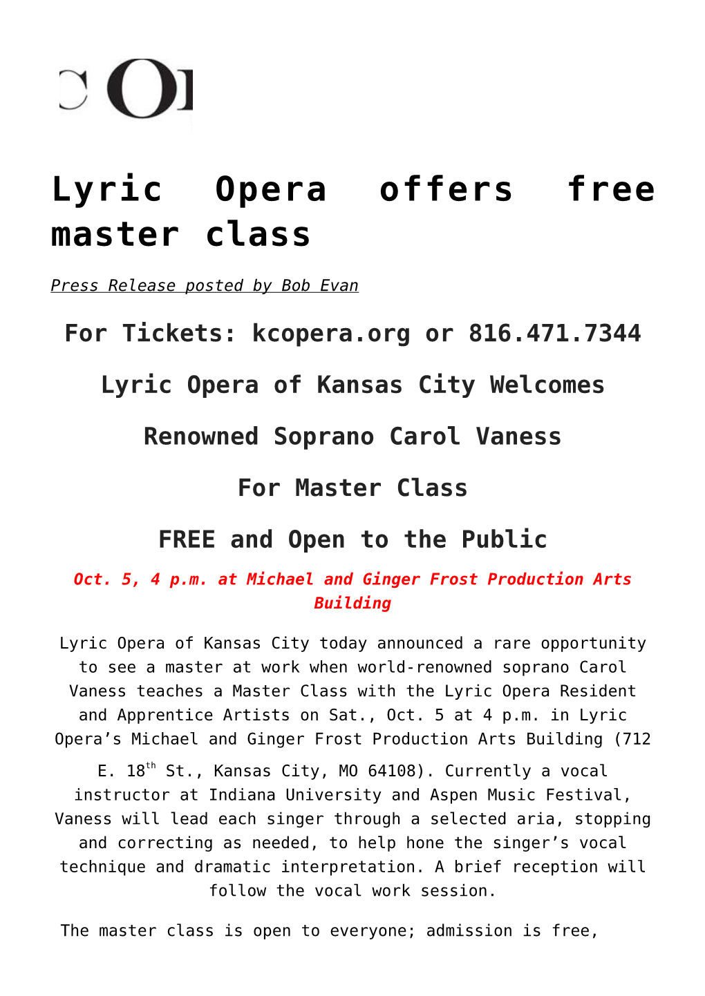 Lyric Opera Offers Free Master Class