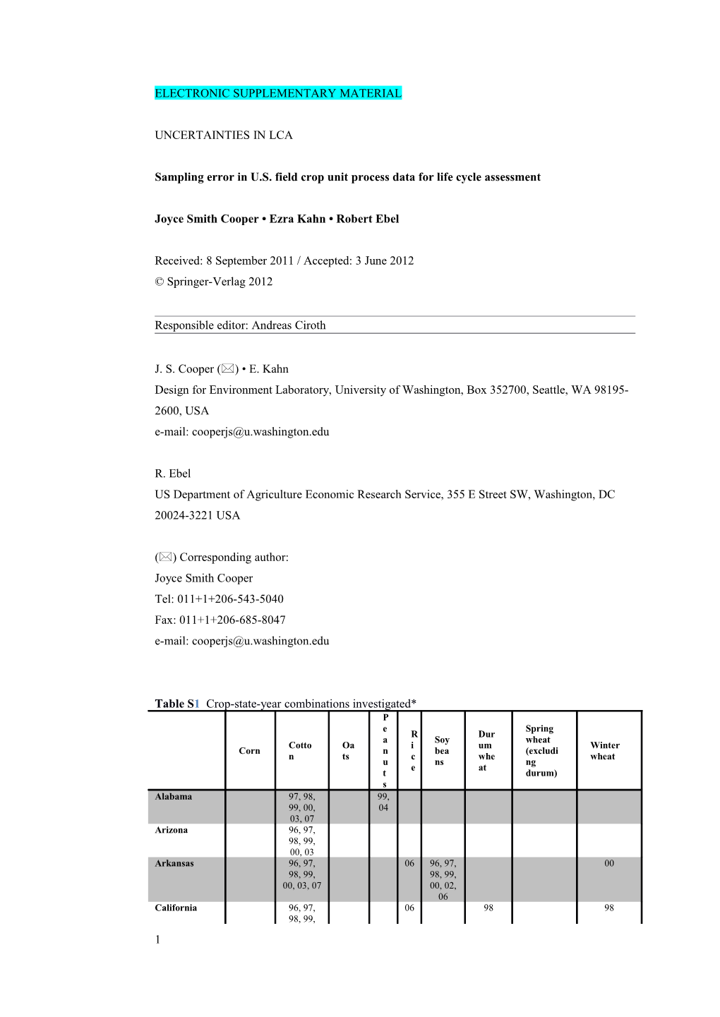 Sampling Error in U.S. Field Crop Unit Process Data for Life Cycle Assessment