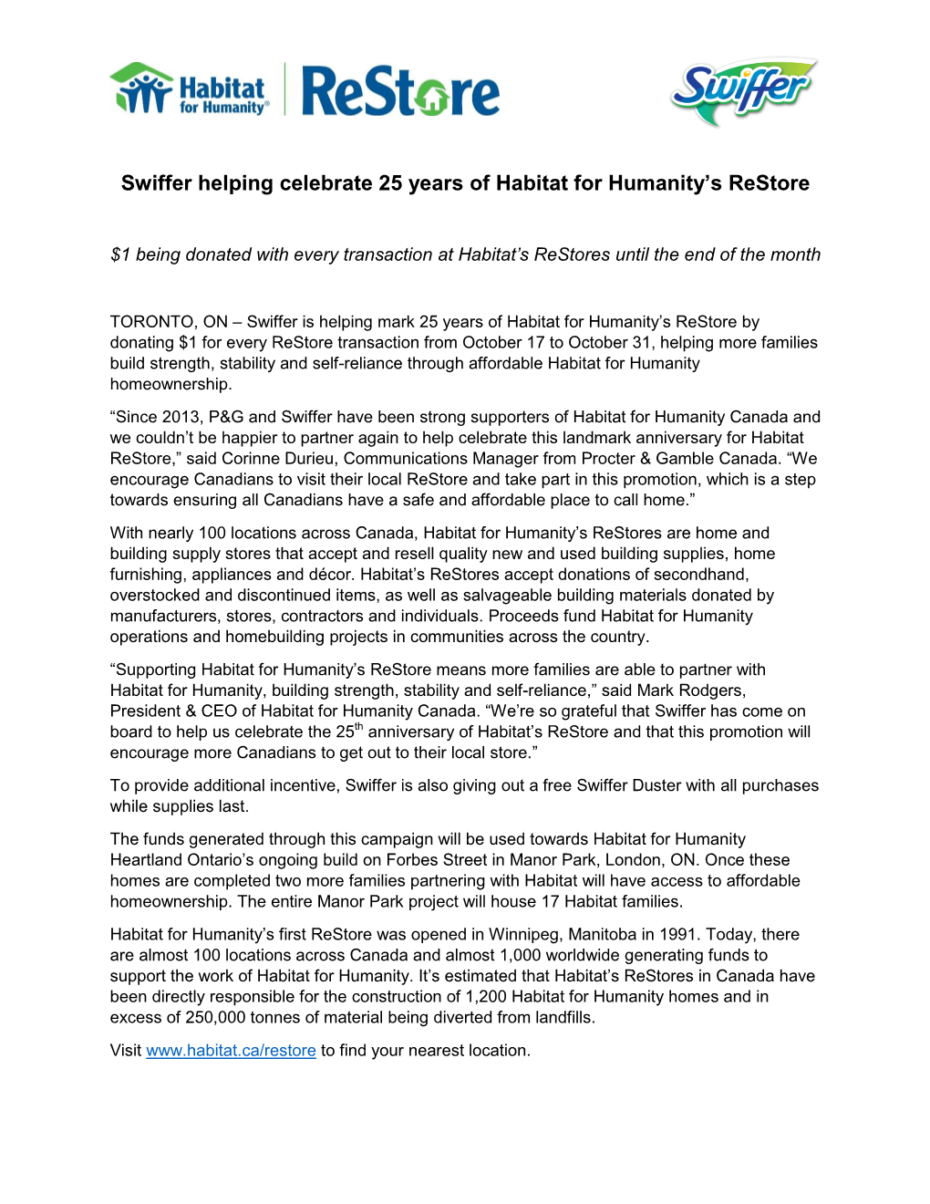 Swiffer Helping Celebrate 25 Years of Habitat for Humanity's Restore