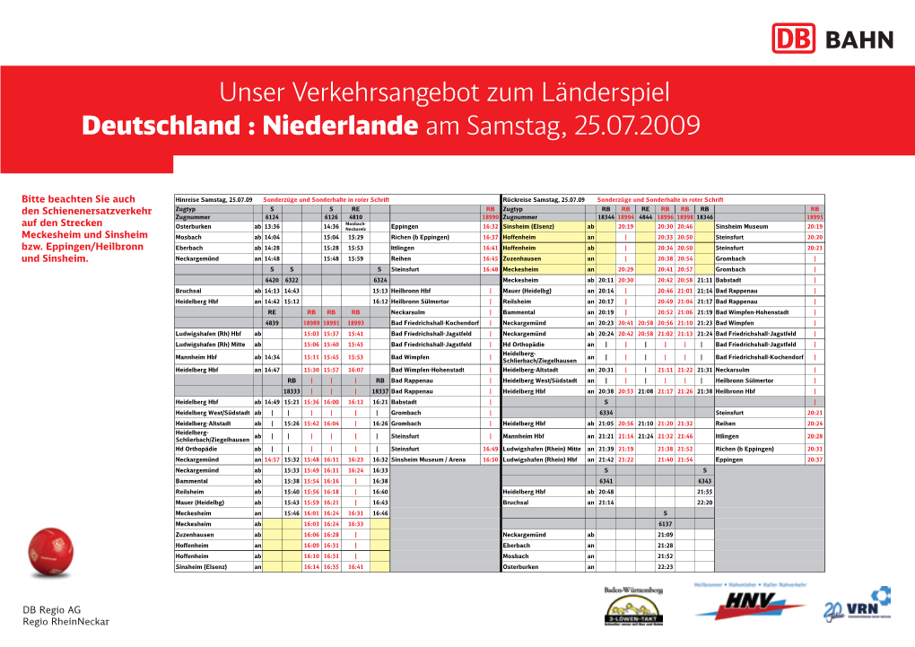 Unser Verkehrsangebot Zum Länderspiel Deutschland : Niederlande Am Samstag, 25.07.2009