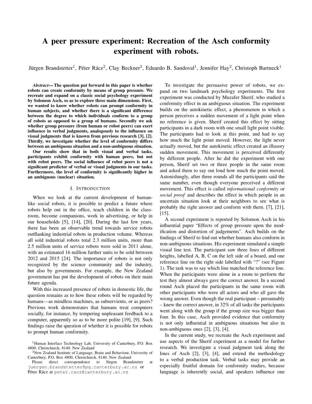 Recreation of the Asch Conformity Experiment with Robots