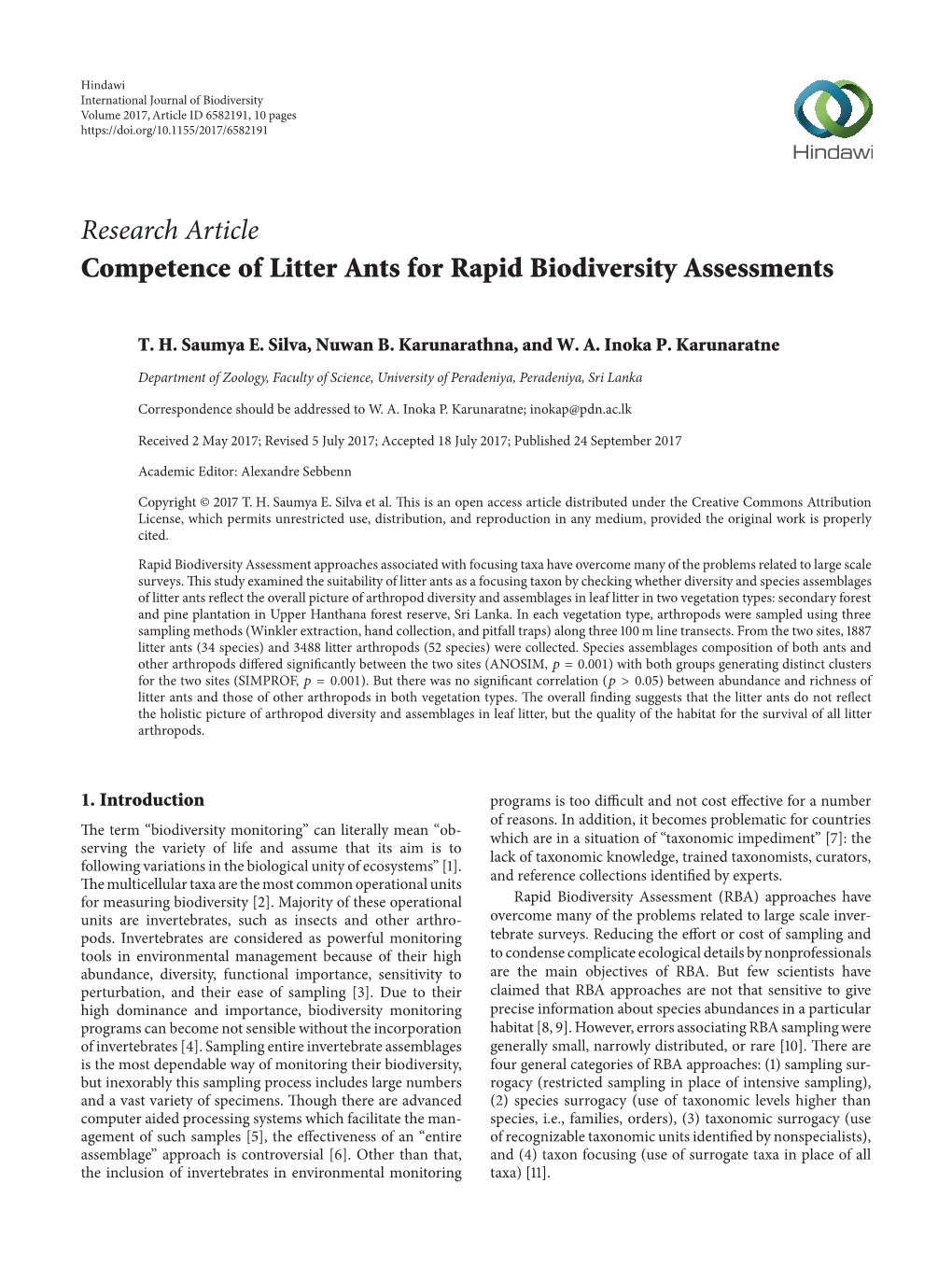 Research Article Competence of Litter Ants for Rapid Biodiversity Assessments