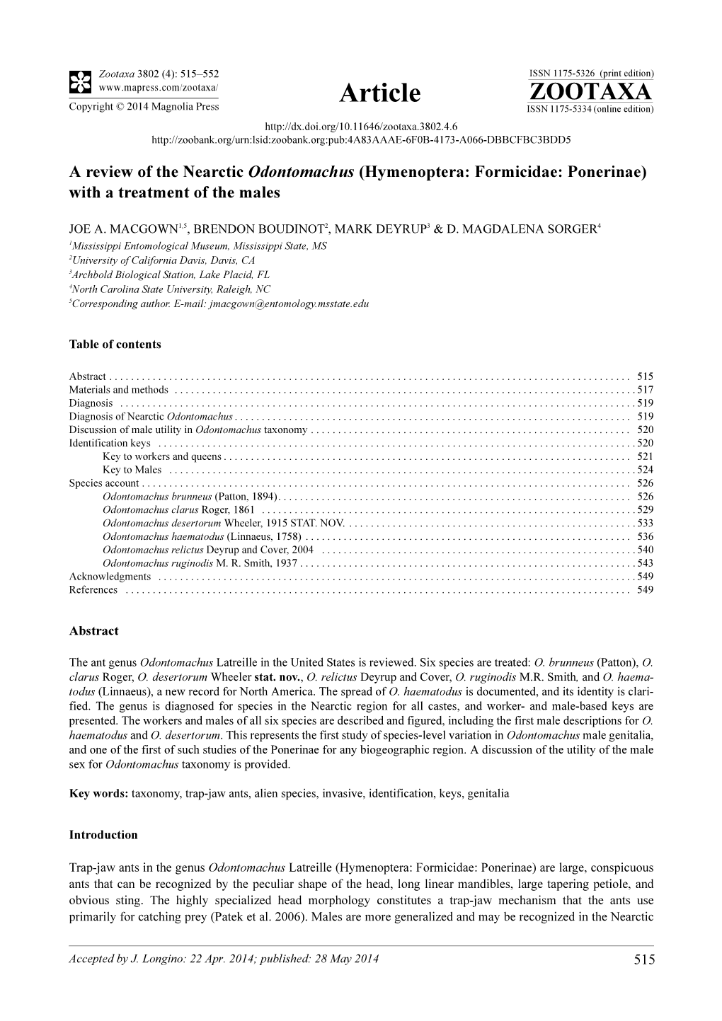 (Hymenoptera: Formicidae: Ponerinae) with a Treatment of the Males