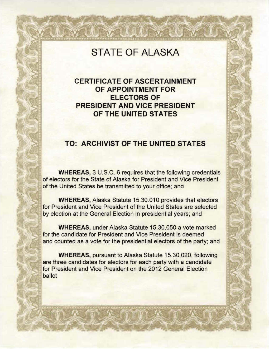 Certificate of Ascertainment of Appointment for Electors of President and Vice Presidenit of the United States