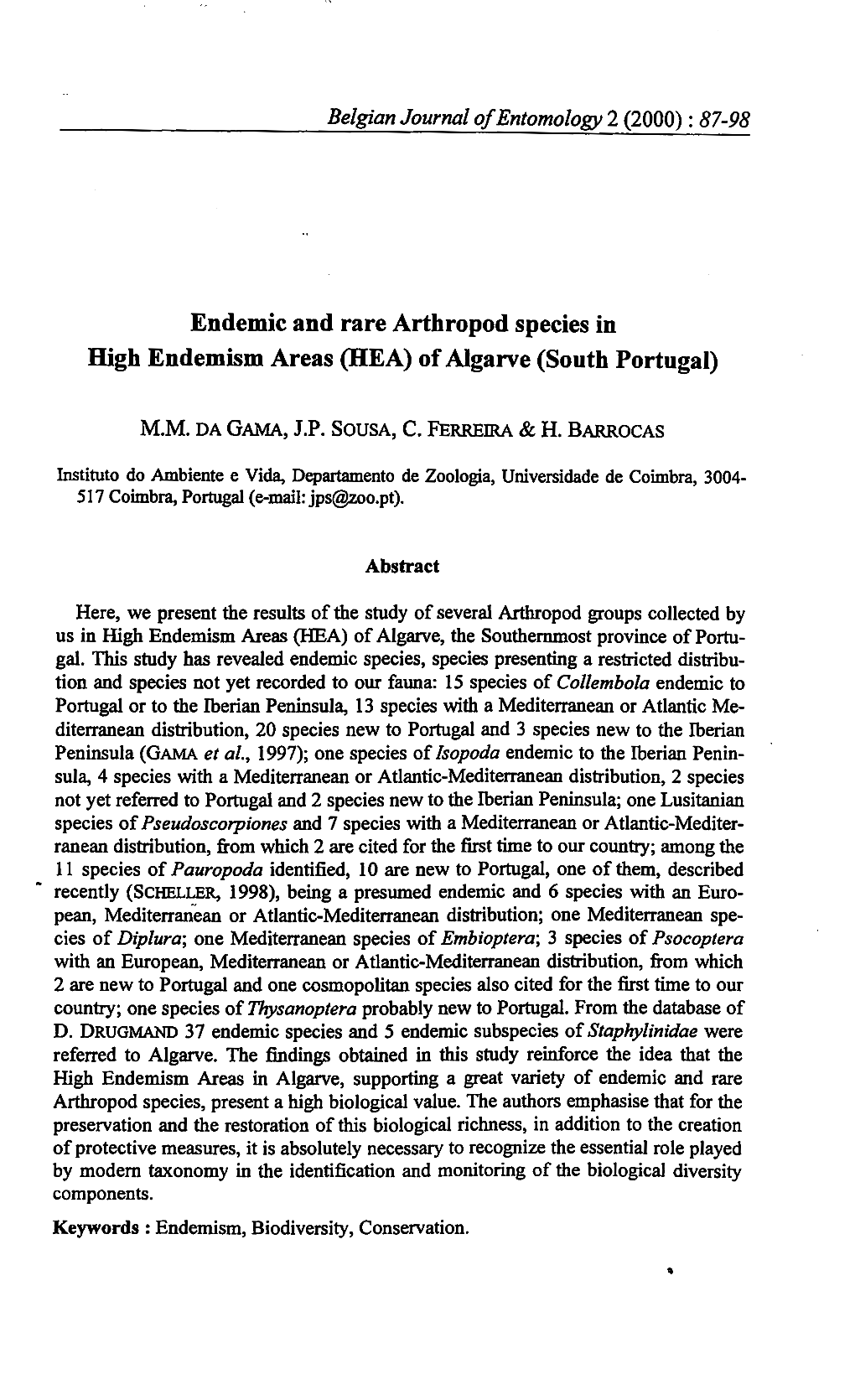 Endemic and Rare Arthropod Species in High Endemism Areas (HEA) of Algarve (South Portugal)