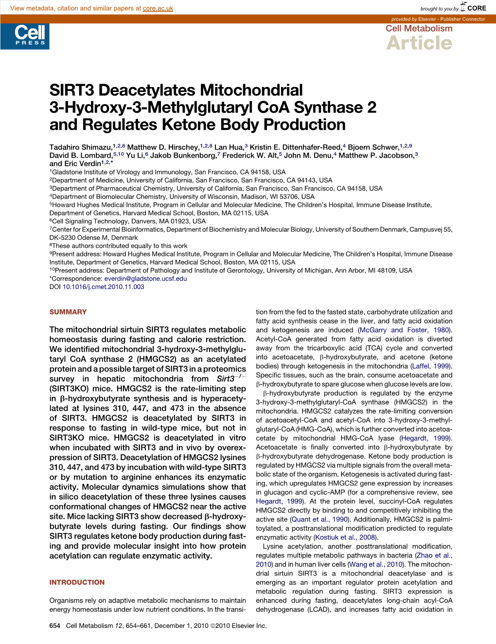 SIRT3 Deacetylates Mitochondrial 3-Hydroxy-3-Methylglutaryl Coa Synthase 2 and Regulates Ketone Body Production