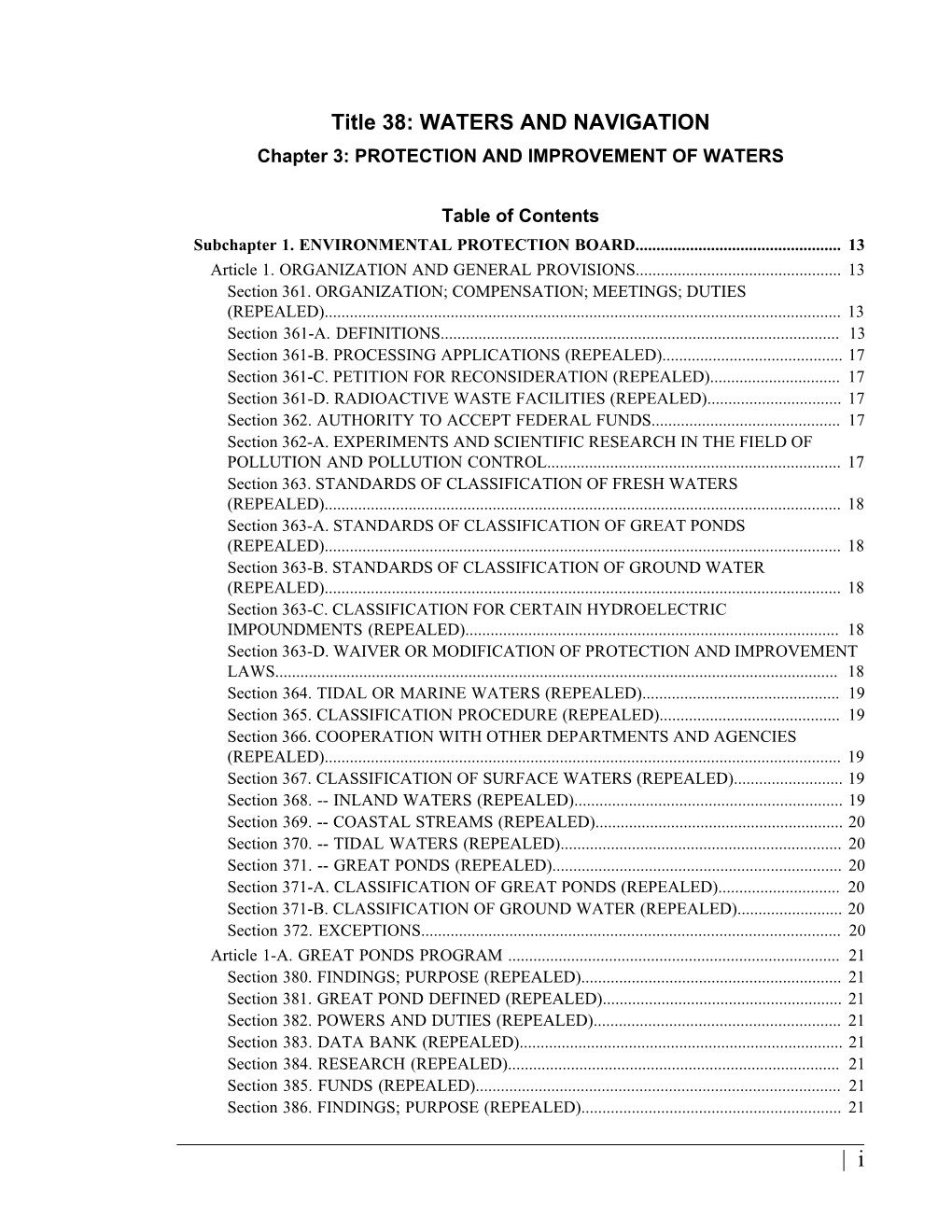 Title 38: WATERS and NAVIGATION Chapter 3: PROTECTION and IMPROVEMENT of WATERS