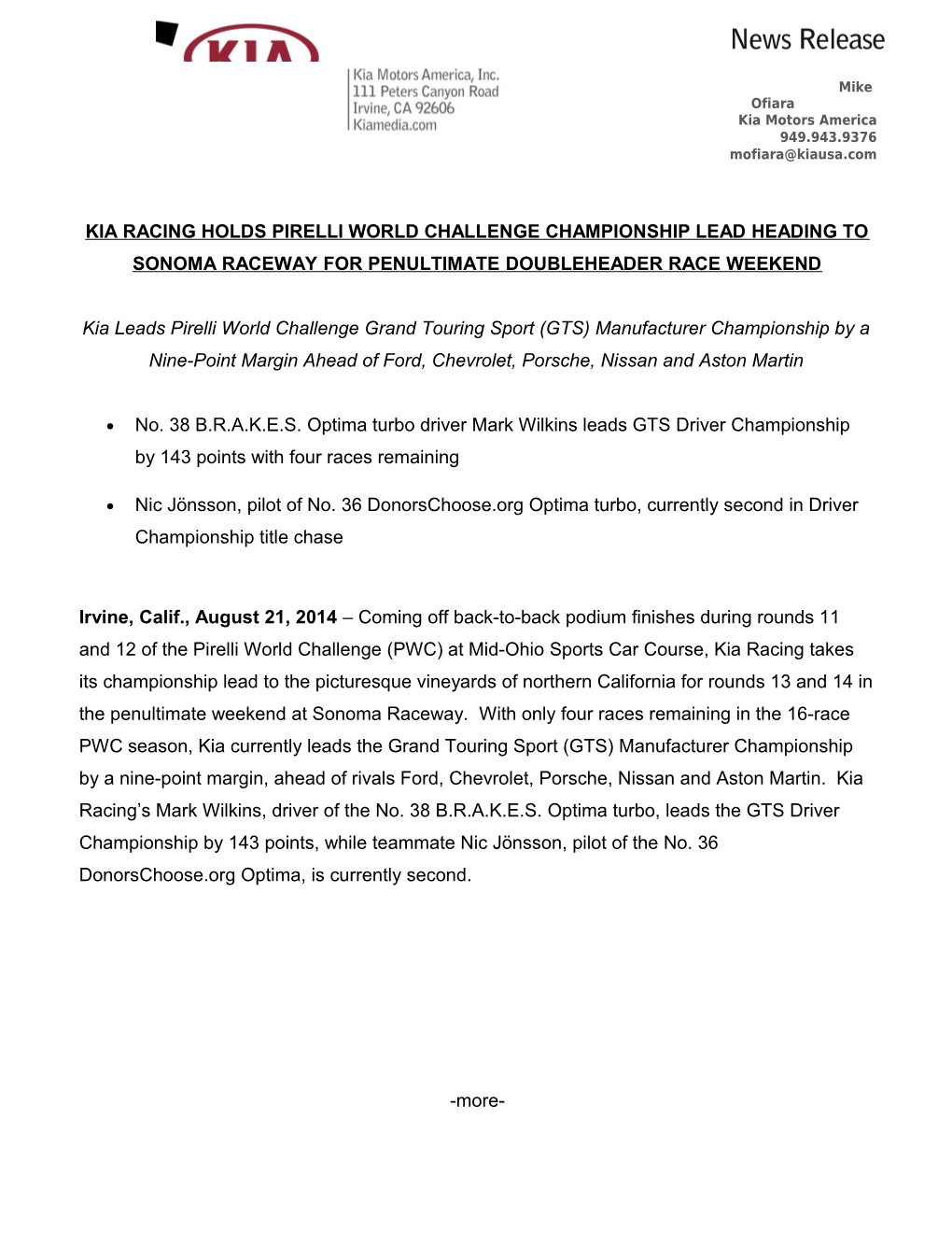 Kia Racing Takes Championship Lead to Sonoma Raceway for Rounds 13 and 14