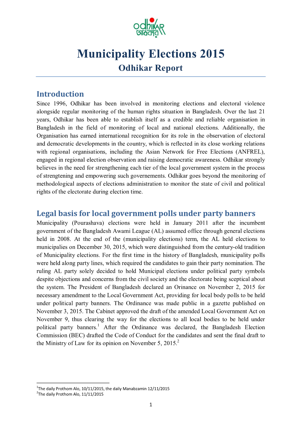 Municipality Elections 2015 Odhikar Report