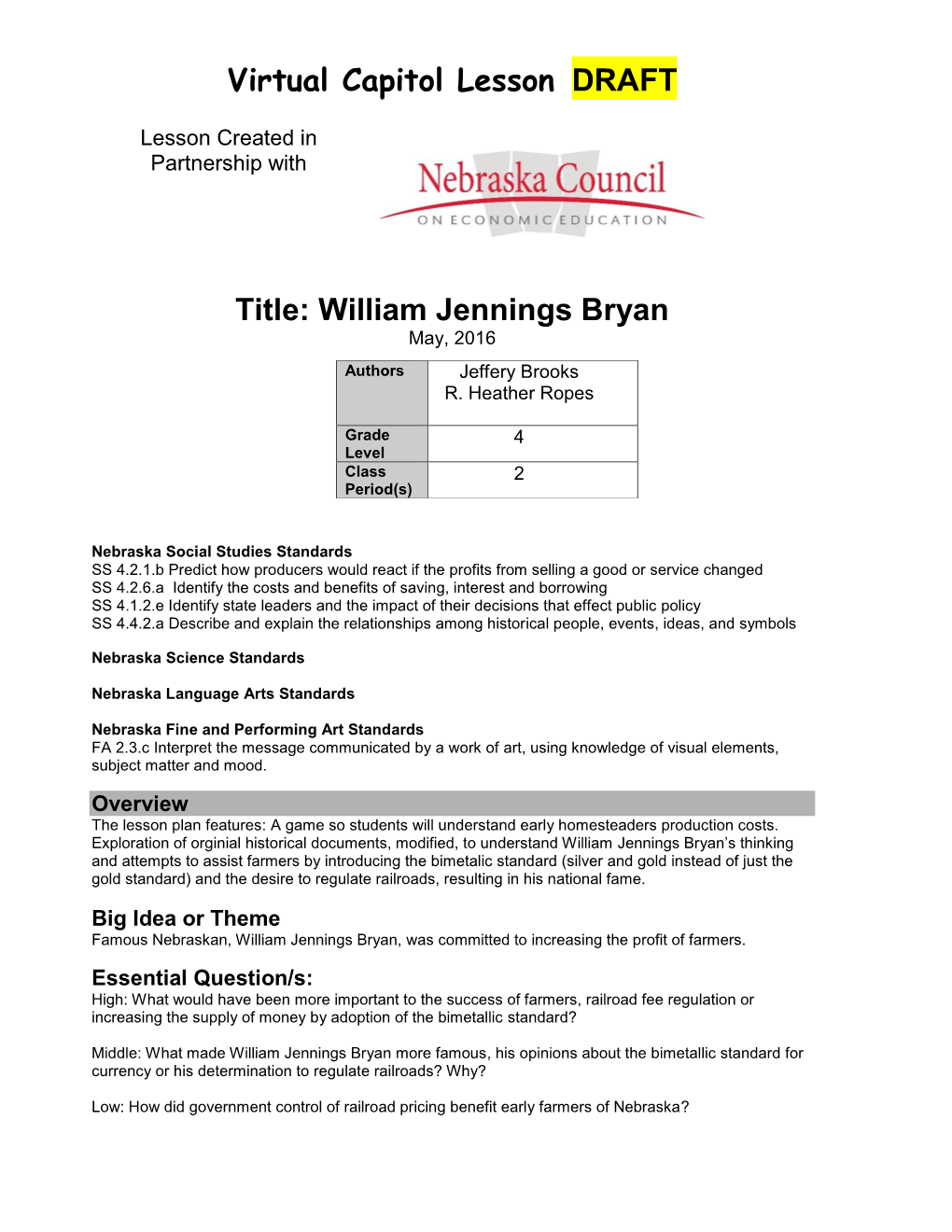 Virtual Capitol Lesson DRAFT Title: William Jennings Bryan