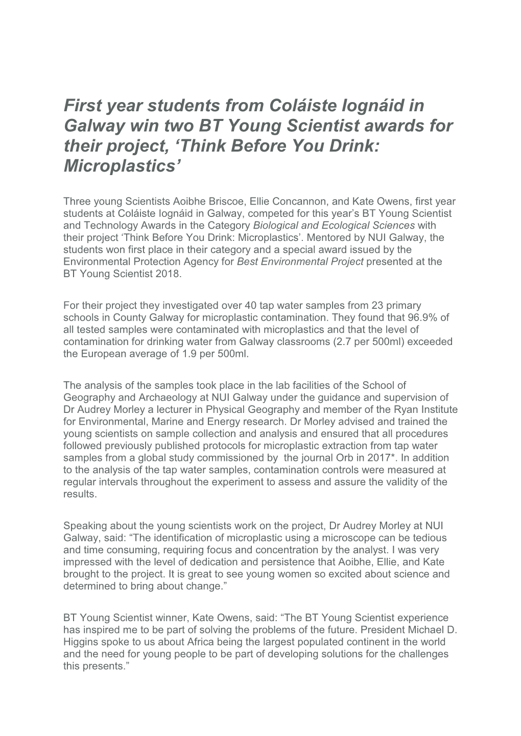 First Year Students from Coláiste Iognáid in Galway Win Two BT Young Scientist Awards for Their Project, 'Think Before You D