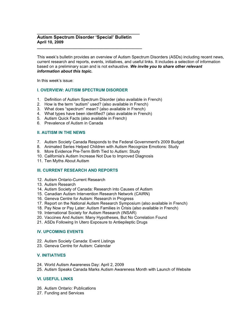 Autism Spectrum Disorder ‘Special’ Bulletin April 10, 2009 ______