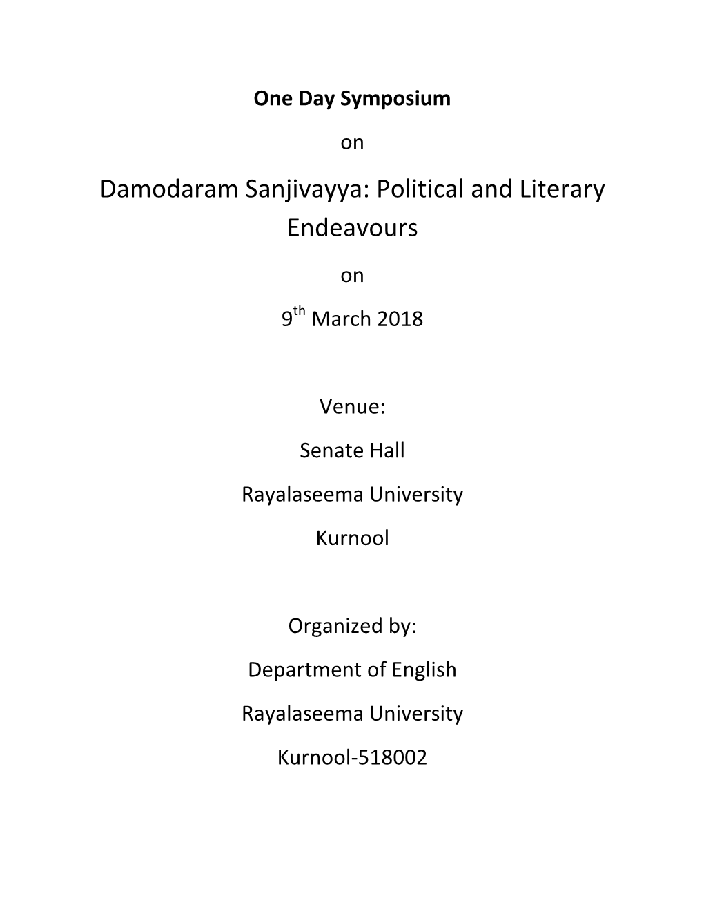 Damodaram Sanjivayya: Political and Literary Endeavours on 9Th March 2018