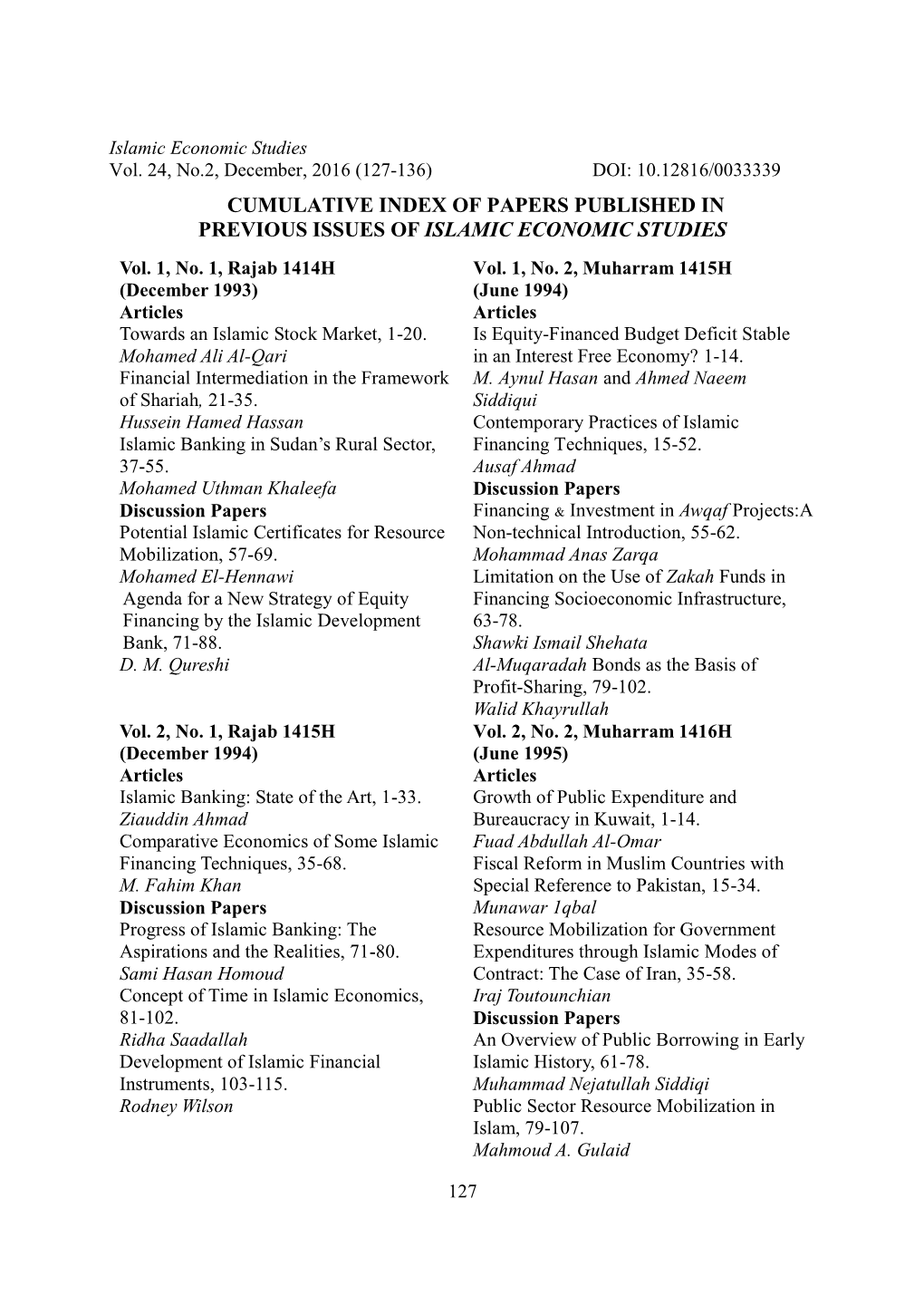 Cumulative Index of Papers Published in Previous Issues of Islamic Economic Studies