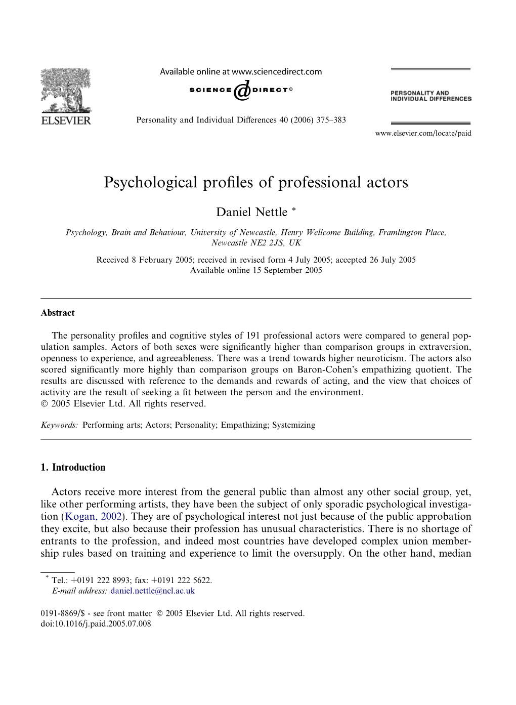 Psychological Profiles of Professional Actors