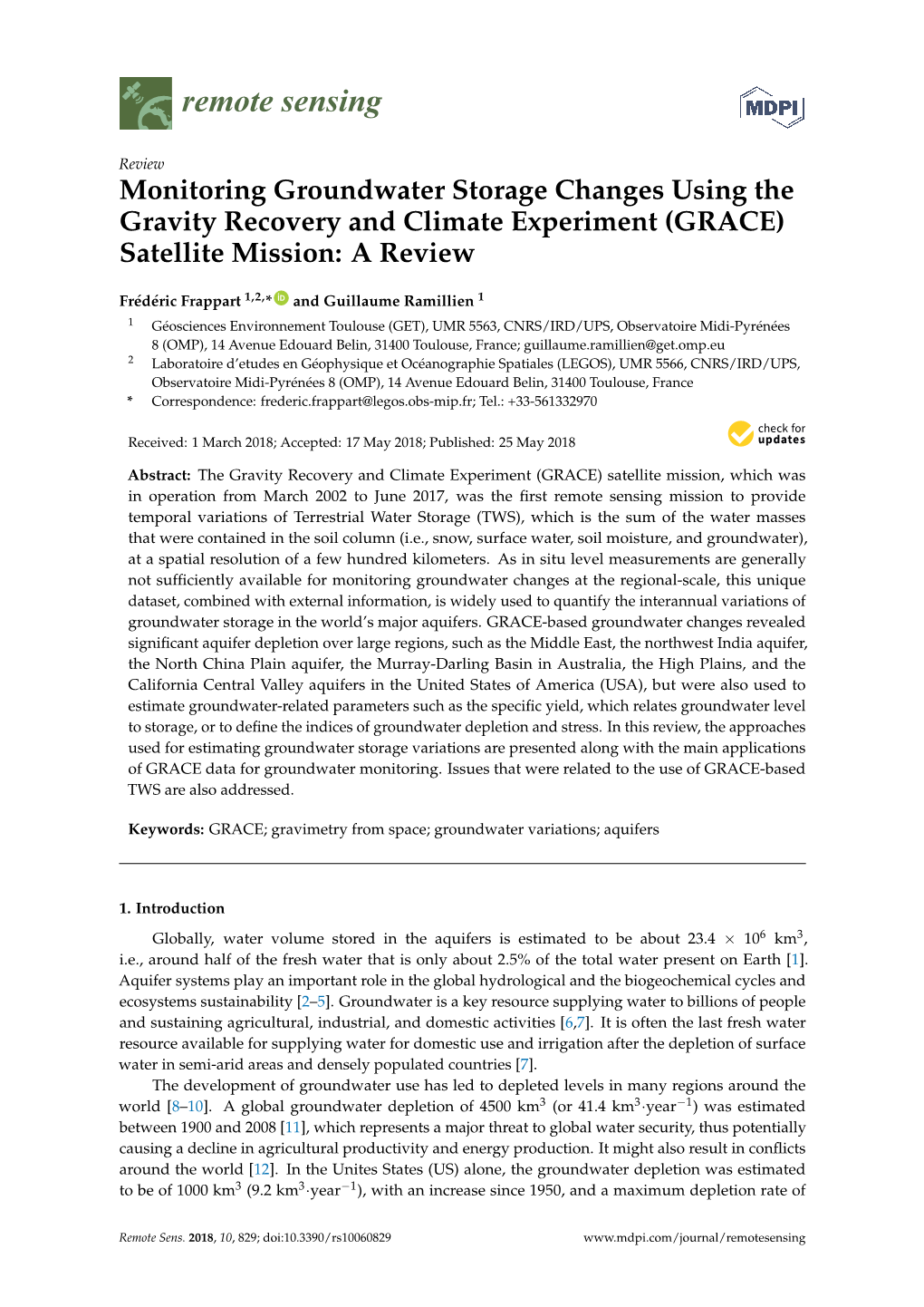 Monitoring Groundwater Storage Changes Using the Gravity Recovery and Climate Experiment (GRACE) Satellite Mission: a Review