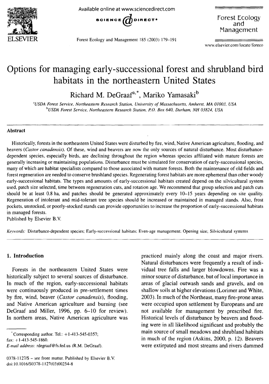 Options for Managing Early-Successional Forest and Shrubland Bird Habitats in the Northeastern United States Richard M