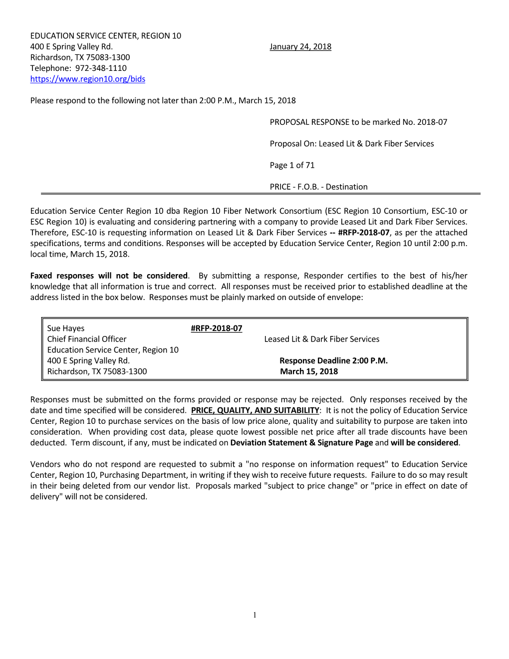 2018-07 ESC Region 10 Leased Lit Dark Fiber Services