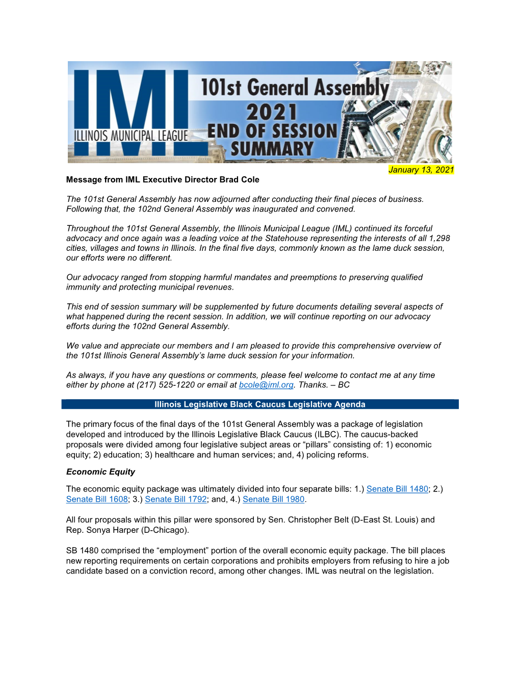January 13, 2021 Message from IML Executive Director Brad Cole The