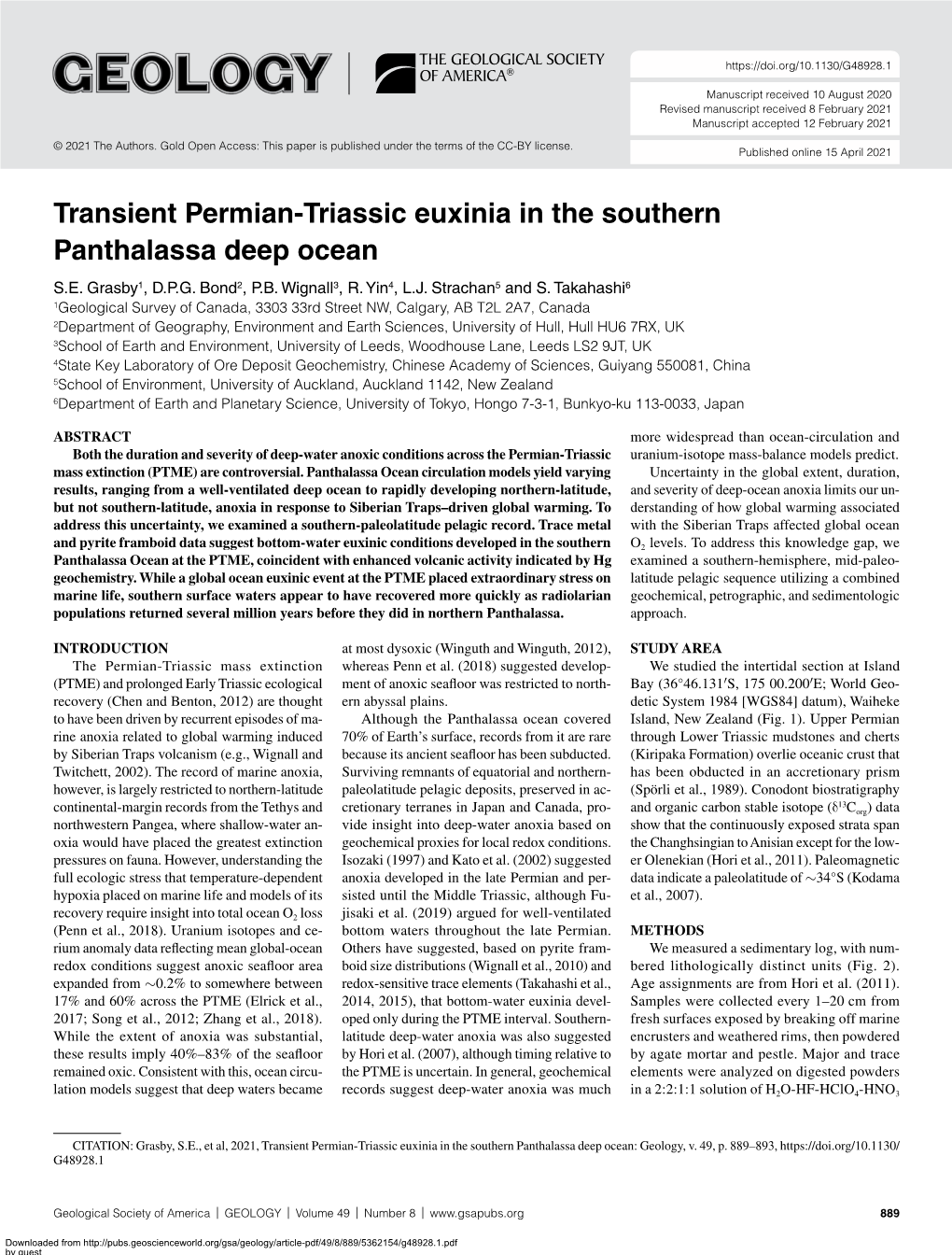Transient Permian-Triassic Euxinia in the Southern Panthalassa Deep Ocean S.E