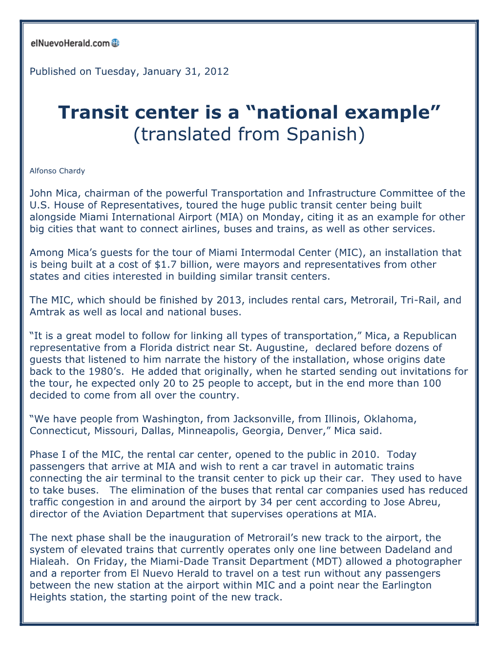 Transit Center Is a “National Example” (Translated from Spanish)