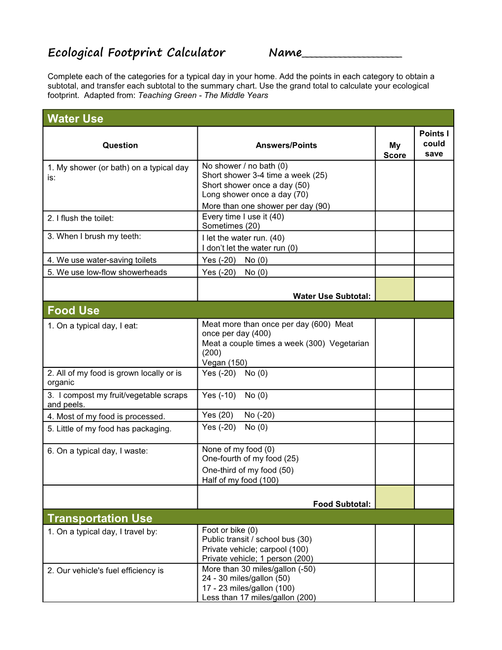 Ecological Footprint Calculator