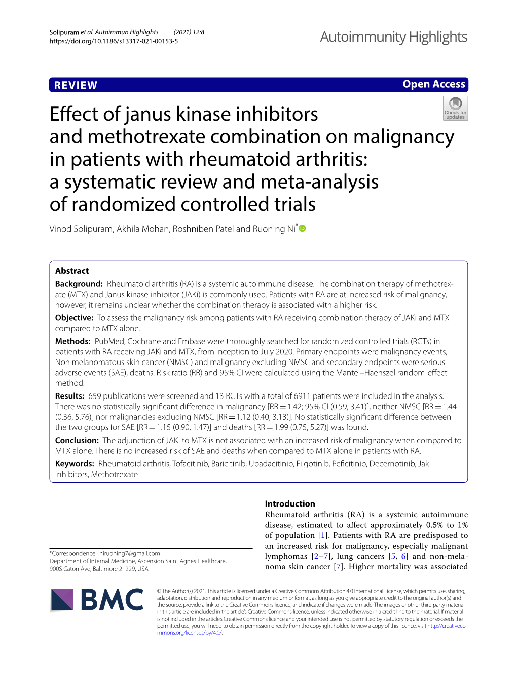 Effect of Janus Kinase Inhibitors and Methotrexate Combination On