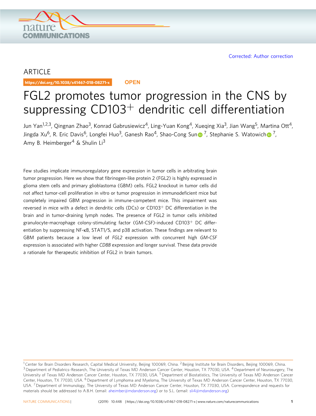 FGL2 Promotes Tumor Progression in the CNS by Suppressing CD103+ Dendritic Cell Differentiation