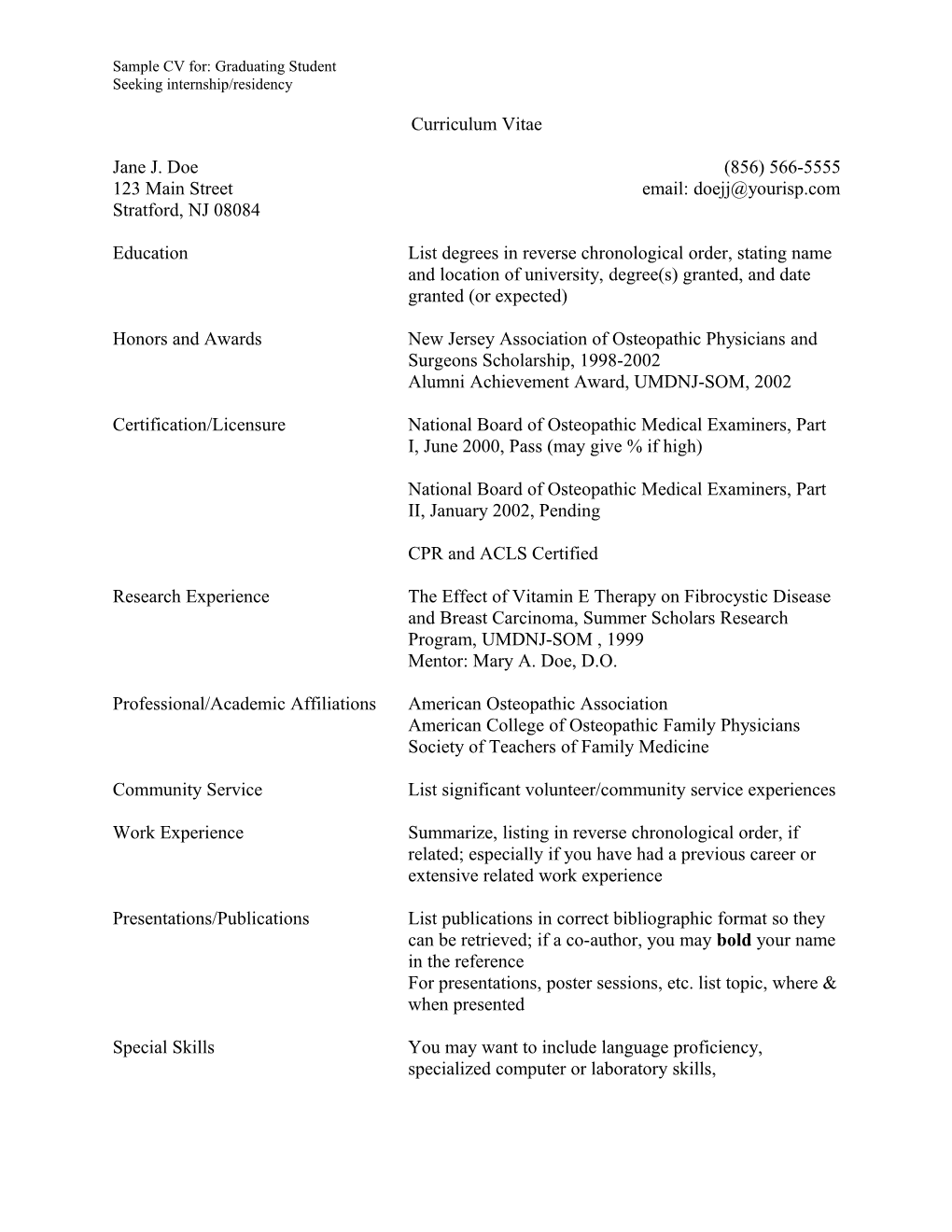 Sample CV For: Graduating Student