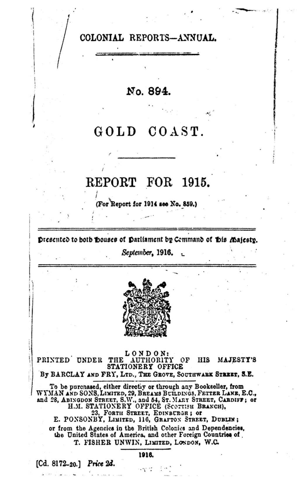 Annual Reports of the Colonies, Gold Coast, 1915
