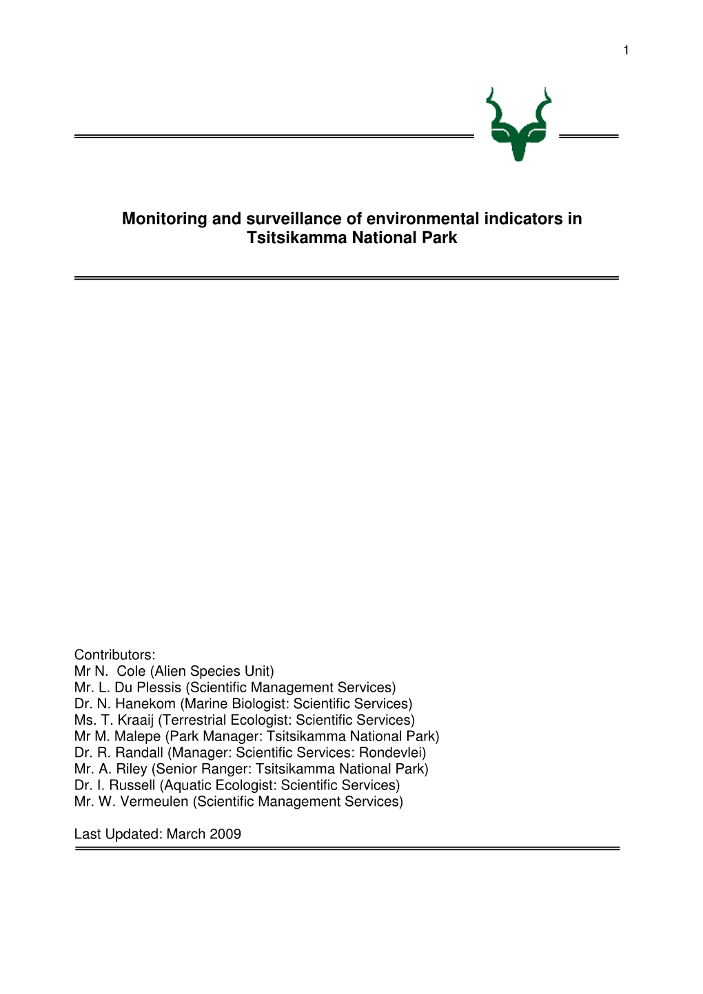 Monitoring and Surveillance of Environmental Indicators in Tsitsikamma National Park