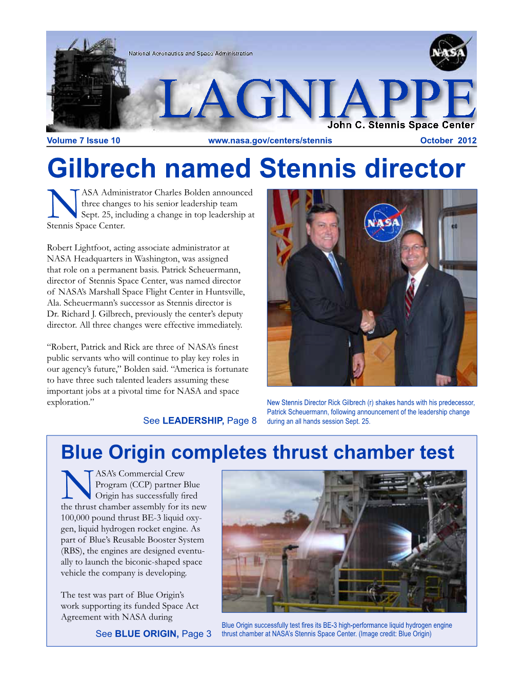 Gilbrech Named Stennis Director ASA Administrator Charles Bolden Announced Three Changes to His Senior Leadership Team Nsept