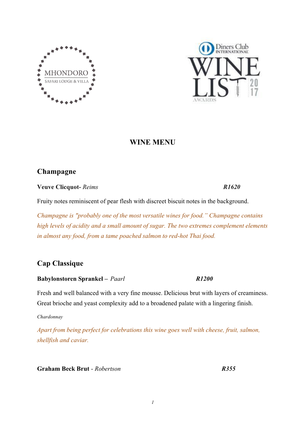 Download Our Wine List