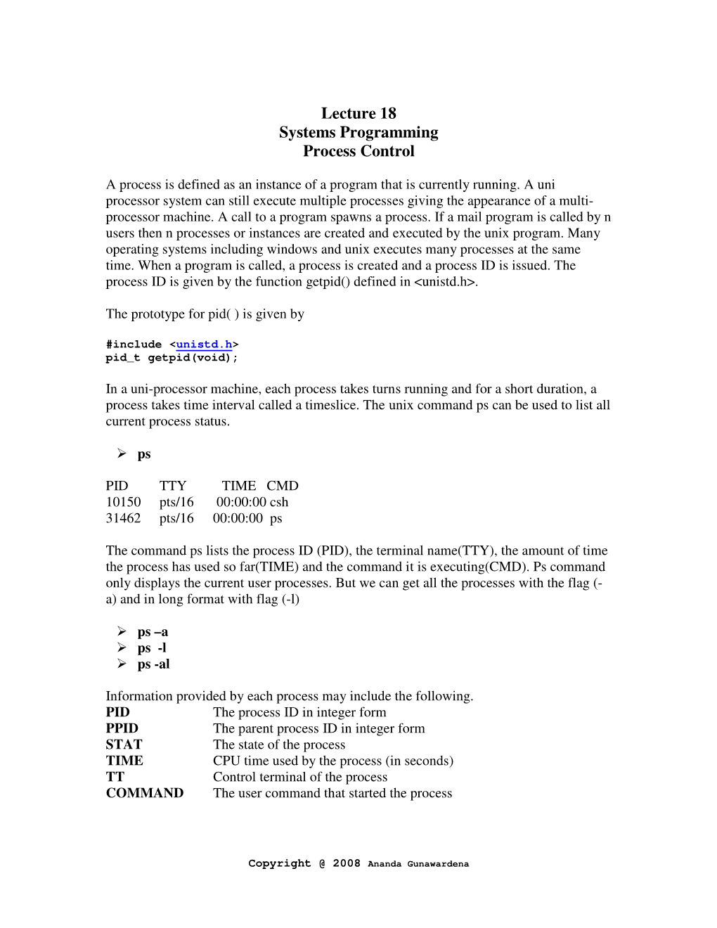 Lecture 18 Systems Programming Process Control