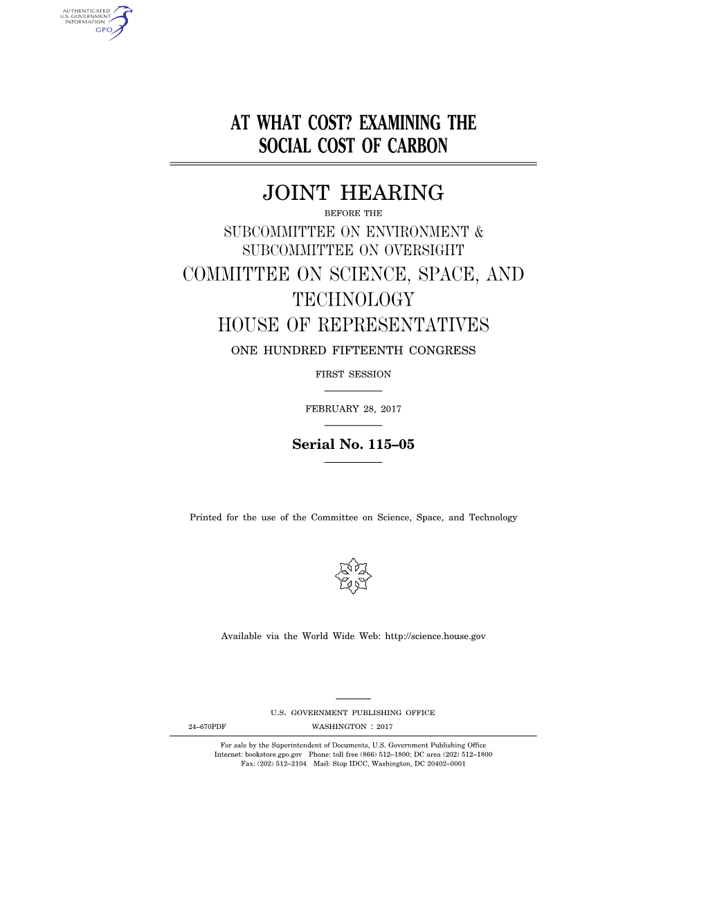 At What Cost? Examining the Social Cost of Carbon, Joint Hearing Before